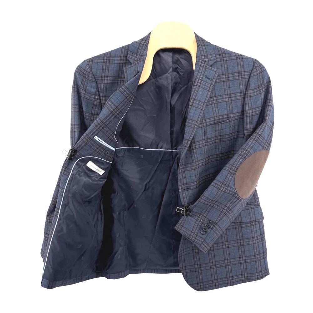 Joseph Abboud Sport Coat Mens 48R Pre-Owned Blazer Blue Plaid Brown Elbow Patch